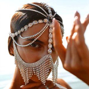 Rhinestone Fringe Jewelry Chain Mask Halloween Headpiece Accessories for Women